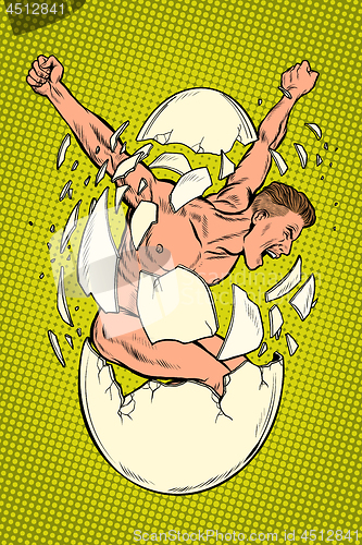 Image of Concept the birth of men, revolution and protest, spiritual rebirth. Man breaks egg shells