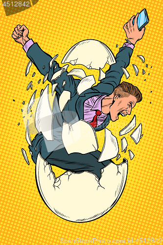 Image of startup business birth concept. businessman appears from the shell of an egg