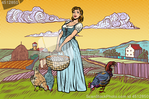 Image of rural woman with chicken eggs. Farm landscape