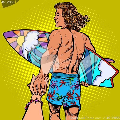 Image of follow me long haired surfer man with Board