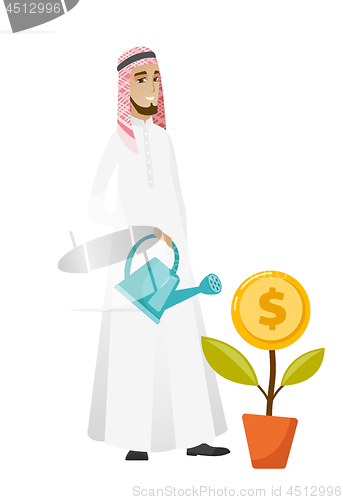 Image of Muslim businessman watering money flower.