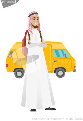 Image of Traveler standing on the background of minibus.