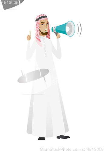 Image of Muslim businessman talking into loudspeaker.