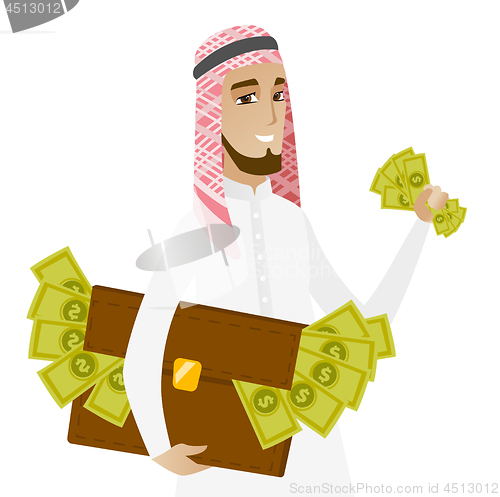 Image of Muslim businessman with briefcase full of money.