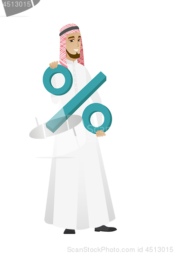 Image of Smiling businessman holding percent sign.