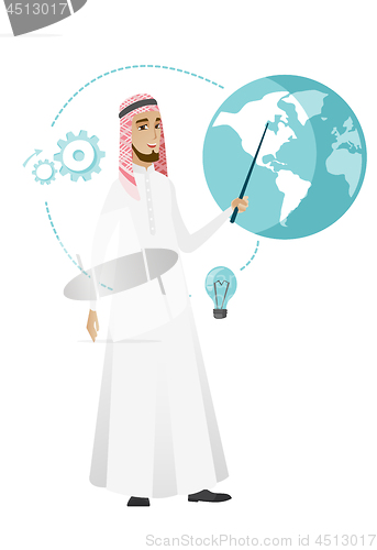 Image of Muslim businessman pointing at a globe.
