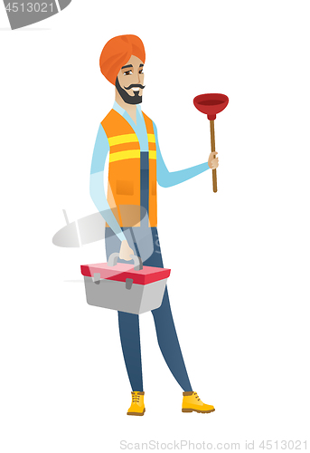 Image of Hindu plumber holding plunger and tool box.