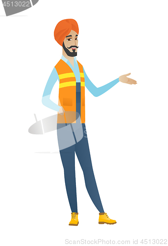 Image of Hindu builder with arm out in a welcoming gesture.