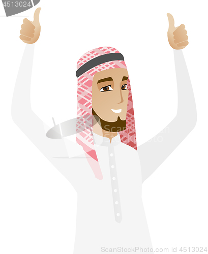 Image of Muslim businessman standing with raised arms up.