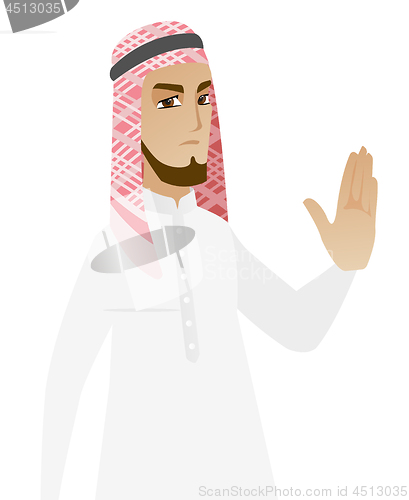 Image of Muslim businessman showing palm hand.