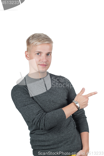 Image of Man in gray pointing with his fingers