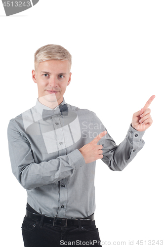 Image of Man in shirt and bow-tie pointing with his fingers