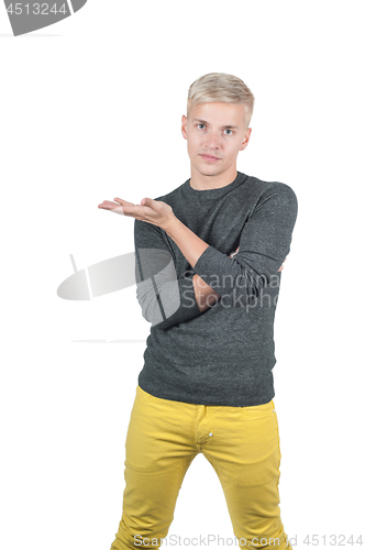 Image of Man in gray pointing with his fingers