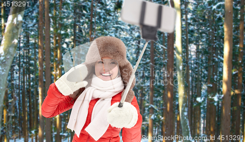 Image of happy woman taking selfie over winter forest