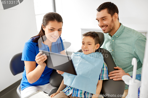 Image of dentist showing tablet pc to kid at dental clinic