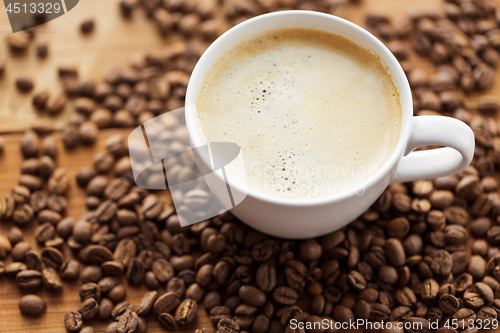 Image of close up coffee cup and beans on wooden table