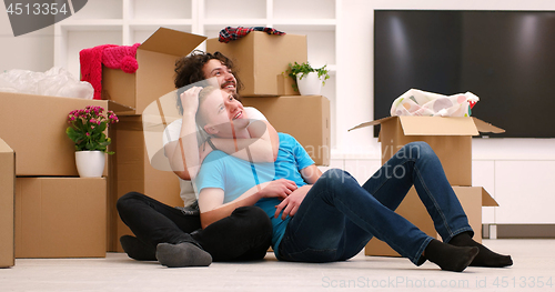 Image of young  gay couple moving  in new house