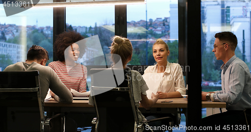Image of Multiethnic startup business team in night office