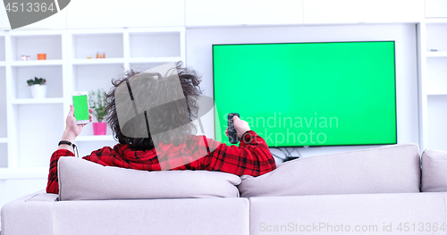 Image of Young couple on the sofa watching television