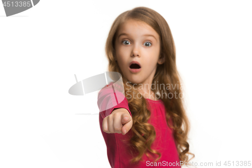 Image of The teen girl pointing to you, half length closeup portrait on white background.