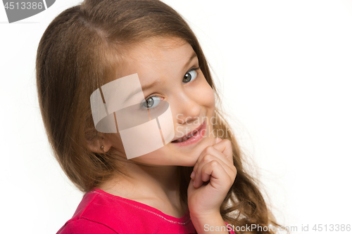 Image of The happy teen girl standing and smiling against white background.