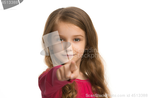 Image of The teen girl pointing to you, half length closeup portrait on white background.