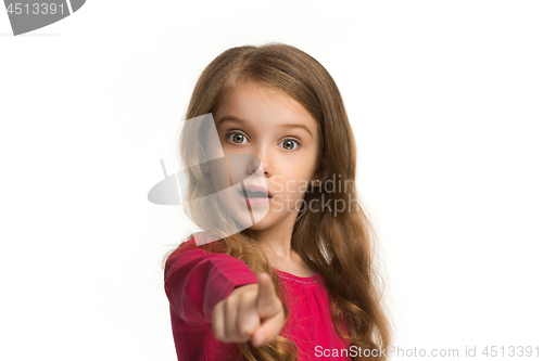Image of The teen girl pointing to you, half length closeup portrait on white background.