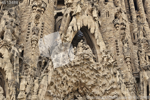 Image of Detail of Nativity facade of Sagrada Familia church in Barcelona