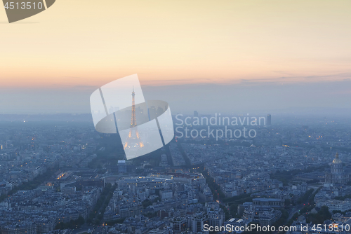 Image of Beautiful panoramic aerial view of Paris and Eiffel tower at sun