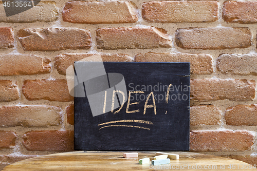 Image of Black board with the word IDEA drown by hand on wooden table on 