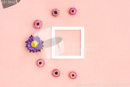Image of Pink strawflowers and white frame