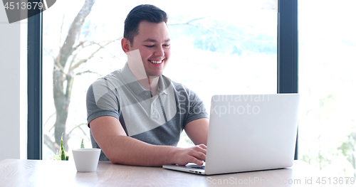 Image of businessman working using a laptop in startup office