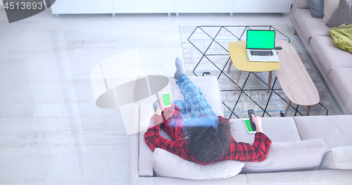 Image of Young couple on the sofa watching television