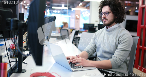 Image of businessman working using a laptop in startup office