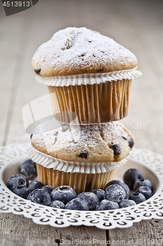 Image of Two homemade fresh muffins with sugar powder and blueberries on 