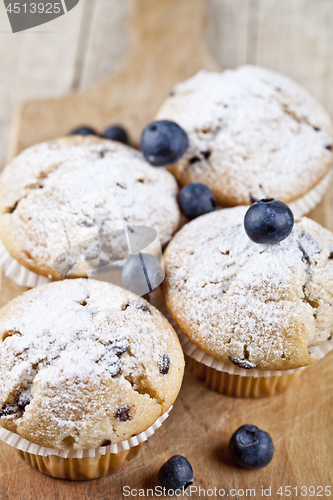 Image of Four homemade fresh muffins with sugar powder and blueberries on