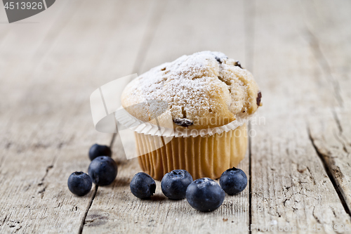 Image of Fresh baked homemade muffin with sugar power and blueberries on 