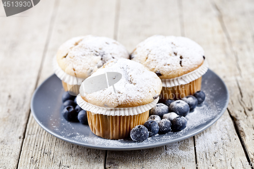 Image of Three homemade fresh muffins with sugar powder and blueberries o