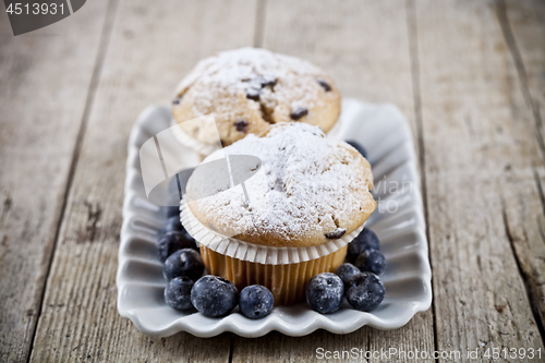 Image of Homemade fresh muffins with sugar powder and blueberries on cera