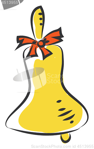 Image of Yellow brass bell with red bow vector illustration on white back