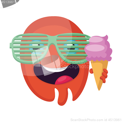 Image of Round red emoji face with sunglasses holding an icecream vector 