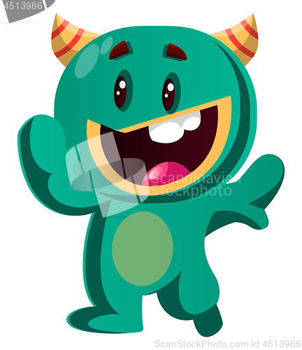 Image of Happy green monster waving vector illustration