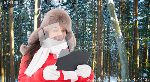 Image of woman in fur hat with tablet pc over winter forest