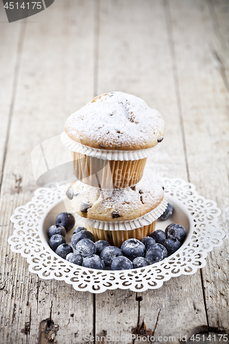 Image of Two homemade fresh muffins with sugar powder and blueberries on 