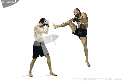 Image of Two professional boxer boxing isolated on white studio background