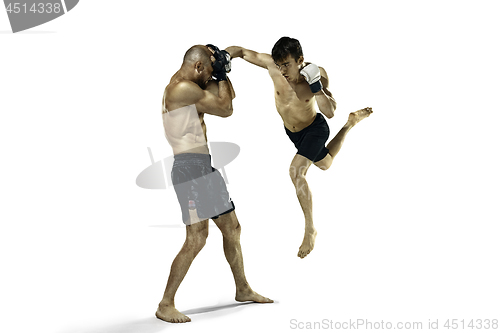 Image of Two professional boxer boxing isolated on white studio background