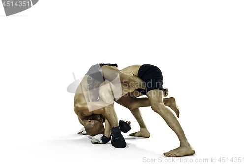 Image of Two professional boxer boxing isolated on white studio background