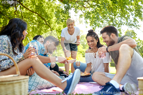 Image of friends with drinks and food at picnic in park