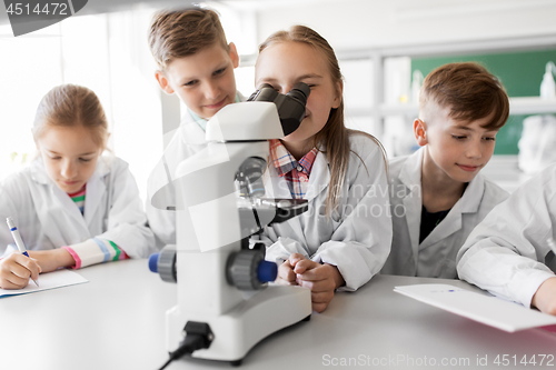 Image of kids or students with microscope biology at school