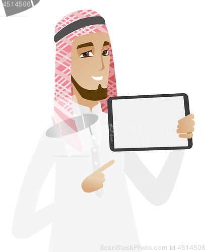 Image of Muslim businessman holding tablet computer.